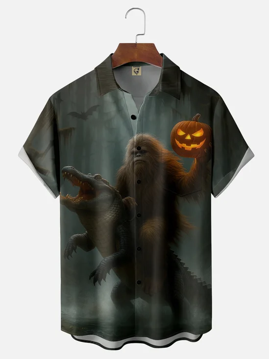 Moisture-wicking Halloween Bigfoot vs. Alligator Pumpkin Pocket Casual Shirt