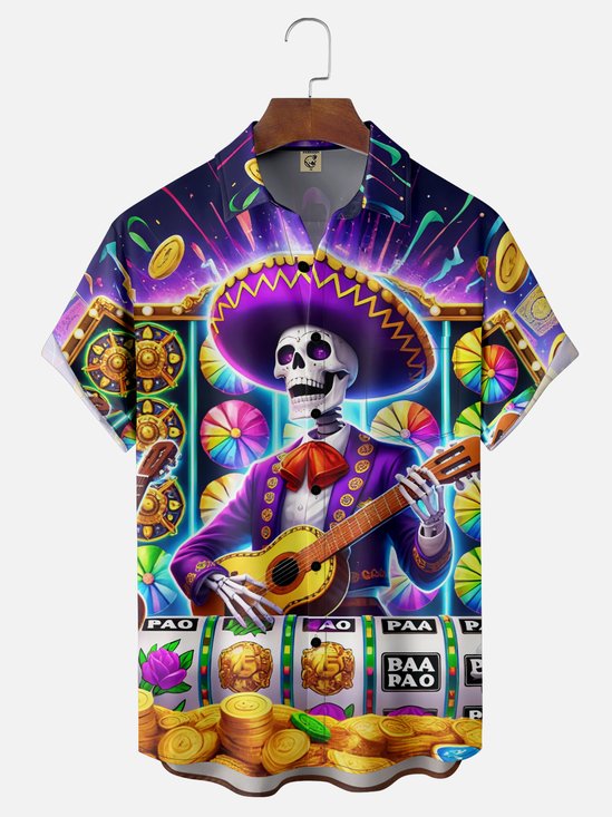 Moisture-Wicking Day Of The Dead Skull-Emblazoned Mexican Pattern Guitar Chest Pocket Hawaiian Shirt