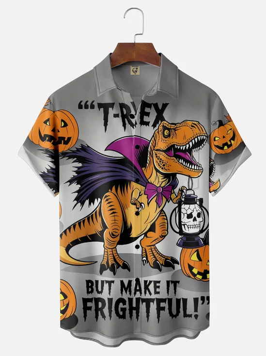 Moisture-Wicking Gradient Halloween Pumpkin Dinosaur Chest Pocket Hawaiian Shirt