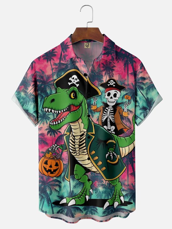 Moisture-Wicking Halloween Pirate Skeleton Dinosaur Gradient Coconut Tree Chest Pocket Hawaiian Shirt