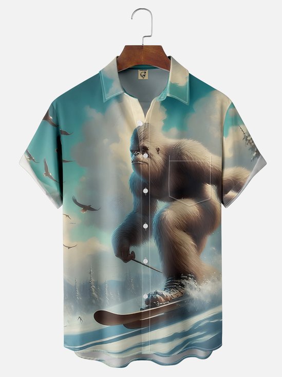 Moisture-wicking Bigfoot Ski Fun Jones Chest Pocket Hawaiian Shirt