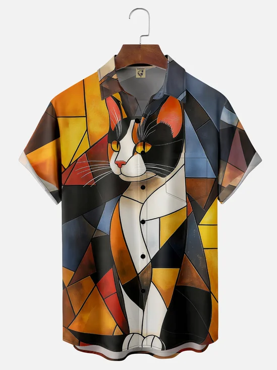 Moisture-Wicking Ombre Color Block Cat Chest Pocket Hawaiian Shirt