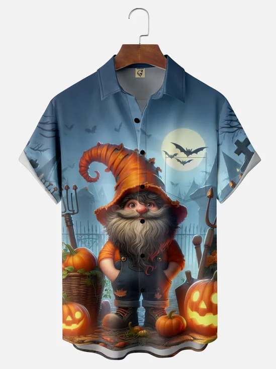 Moisture-Wicking Halloween Pumpkin Gnome Chest Pocket Hawaiian Shirt