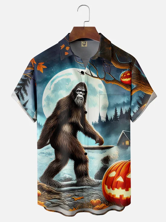 Moisture-Wicking Halloween Bigfoot Pumpkin Chest Pocket Hawaiian Shirt