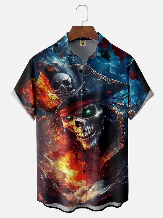 Moisture-Wicking Gradient Color Abstract Pirate Skull Chest Pocket Hawaiian shirt