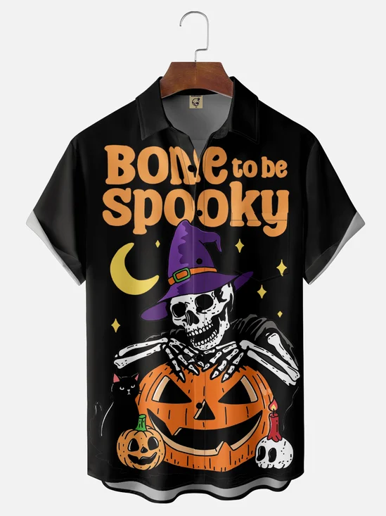 Hardaddy x Kimprut Imut Moisture-wicking Halloween Ghost Skull Text Fun Chest Pocket Casual Shirt