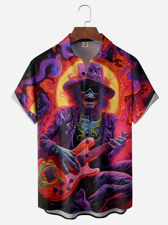 Moisture-Wicking Gradient Color Abstract Skull Playing Guitar Chest Pocket Hawaiian Shirt