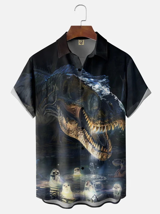Moisture-Wicking Halloween Dinosaur Ghost Chest Pocket Hawaiian Shirt
