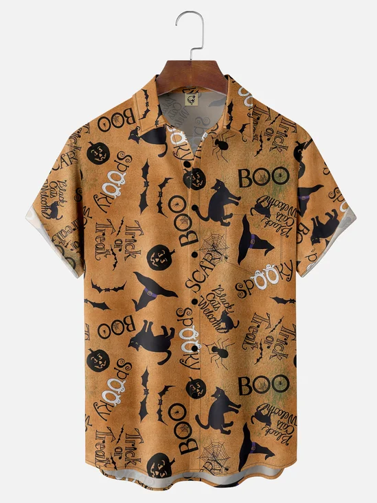 Moisture-Wicking Halloween Cat Pumpkin Spider Chest Pocket Hawaiian Shirt