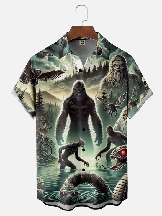 Moisture-Wicking Bigfoot Snake Monster Catalog Chest Pocket Hawaiian Shirt