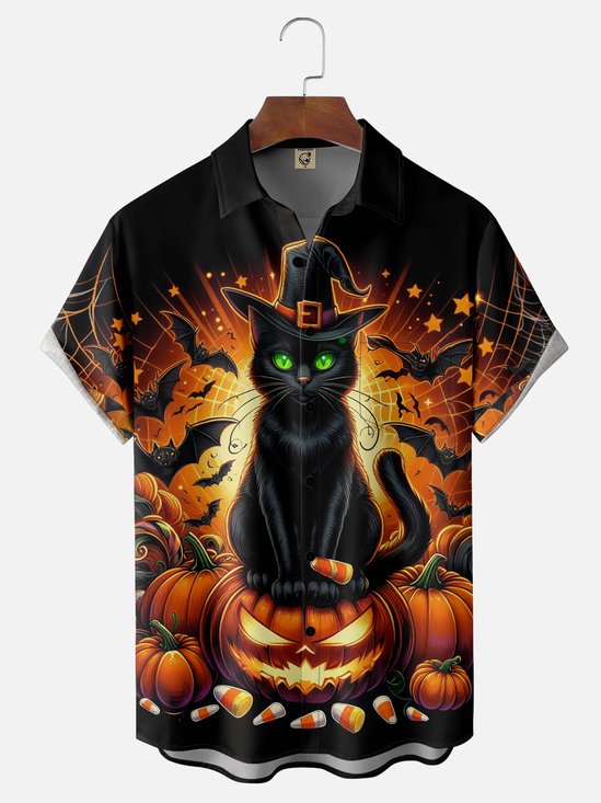 Moisture-Wicking Halloween Pumpkin Black Cat Spider Web Chest Pocket Hawaiian Shirt