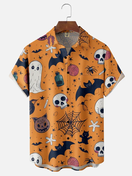 Moisture-wicking Halloween Ghost Skeleton Fun Chest Pocket Casual Shirt