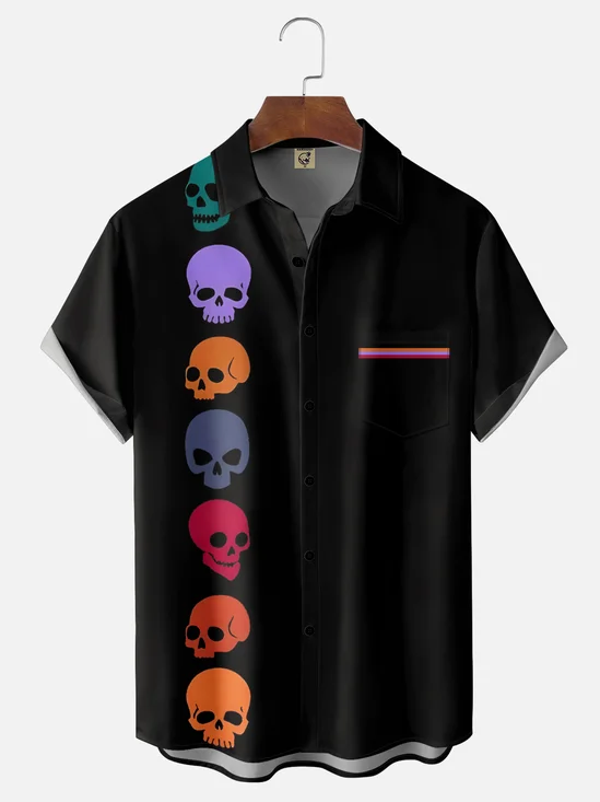 Moisture-wicking Halloween Skeleton Fun Chest Pocket Bowling Shirt