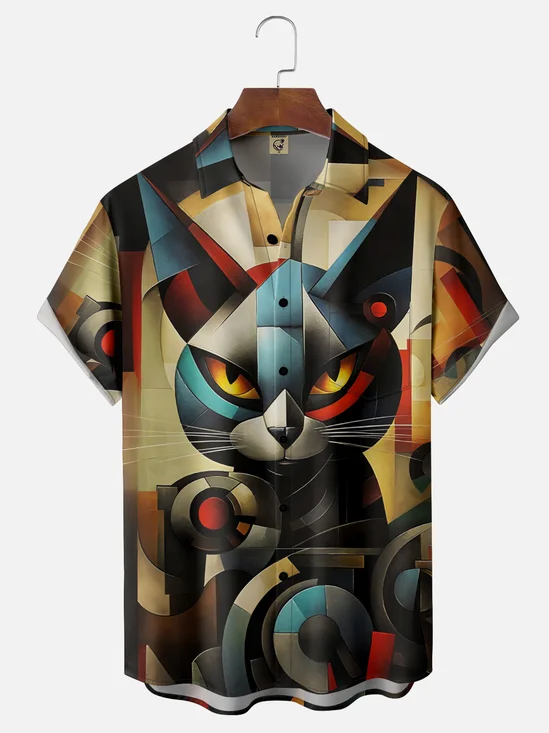 Moisture-Wicking Ombre Color Block Cat Chest Pocket Hawaiian Shirt
