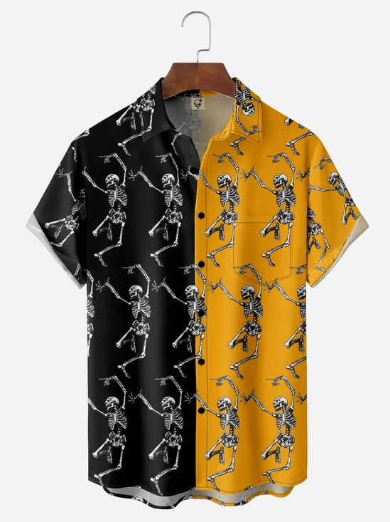 Moisture-wicking Halloween Skeleton Contrast Chest Pocket Hawaiian Shirt