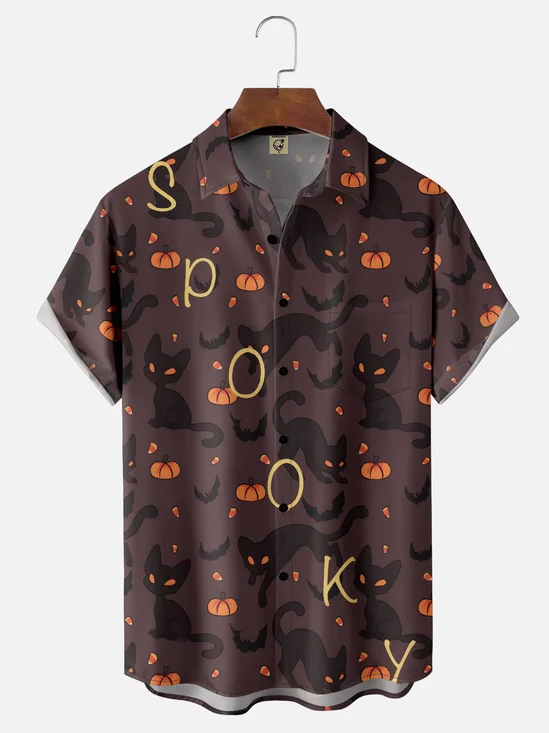 Moisture-wicking Halloween Pumpkin Cat Fun Chest Pocket Casual Shirt