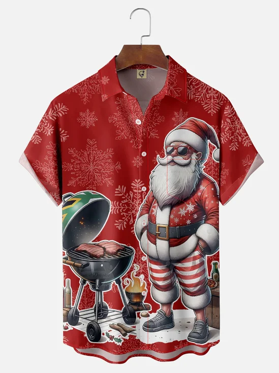 Moisture-Wicking BBQ Santa Chest Pocket Hawaiian Shirt