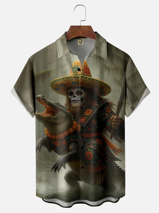 Moisture-wicking Day of the Dead Bigfoot vs. Alligator Fun Chest Pocket Hawaiian Shirt