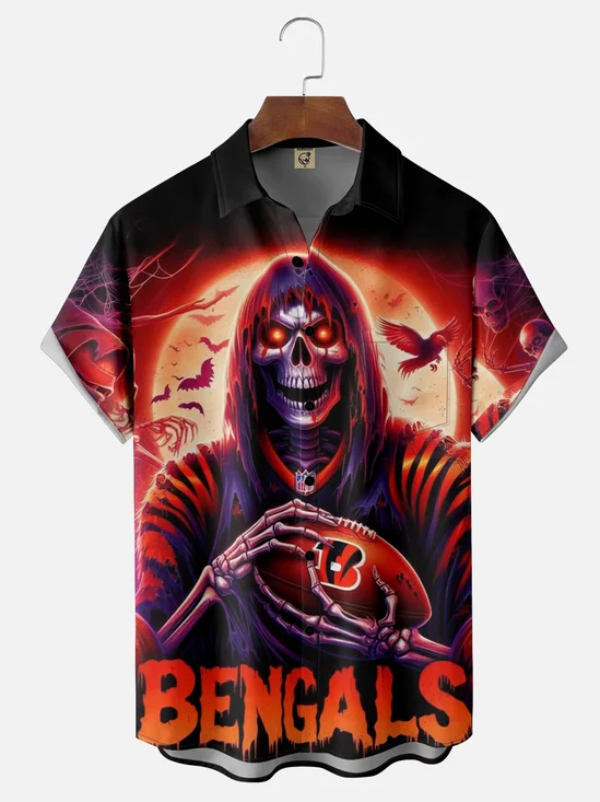 Moisture-Wicking Halloween Skull Cincinnati Bengals Chest Pocket Hawaiian Shirt