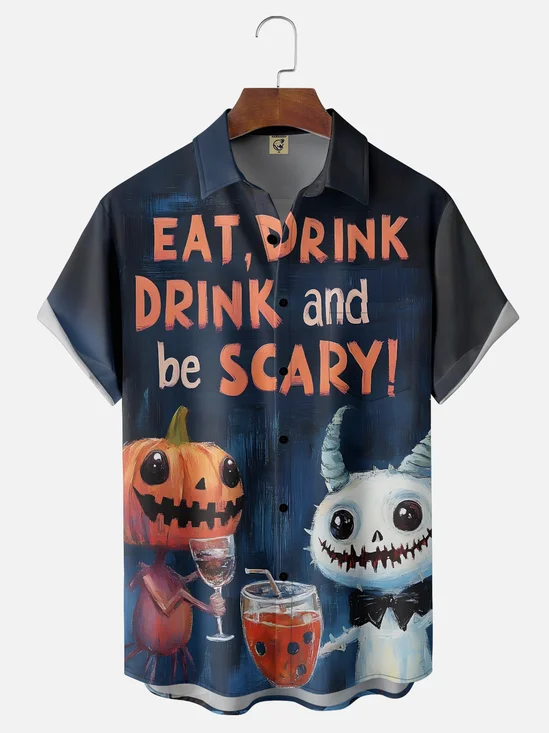 Moisture-Wicking Halloween Pumpkin Monster Chest Pocket Hawaiian Shirt