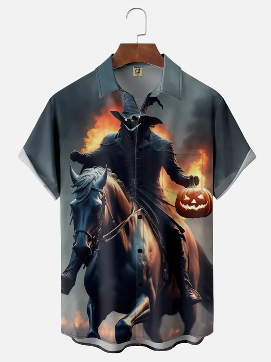 Moisture-wicking Halloween Headless Horseman Pumpkin Fun Chest Pocket Casual Shirt