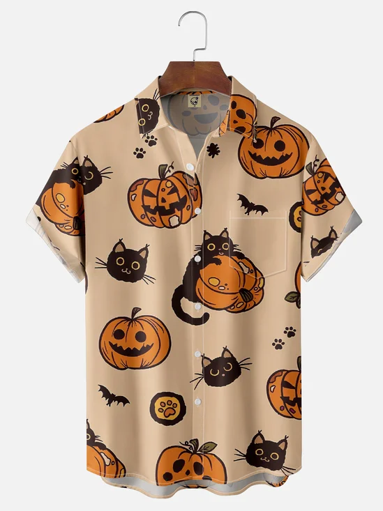 Moisture-wicking Halloween Pumpkin Cat Fun Chest Pocket Hawaiian Shirt