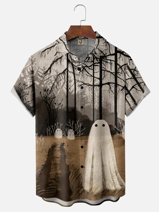 Moisture-Wicking Halloween Ghost Artist Painting Chest Pocket Hawaiian Shirt