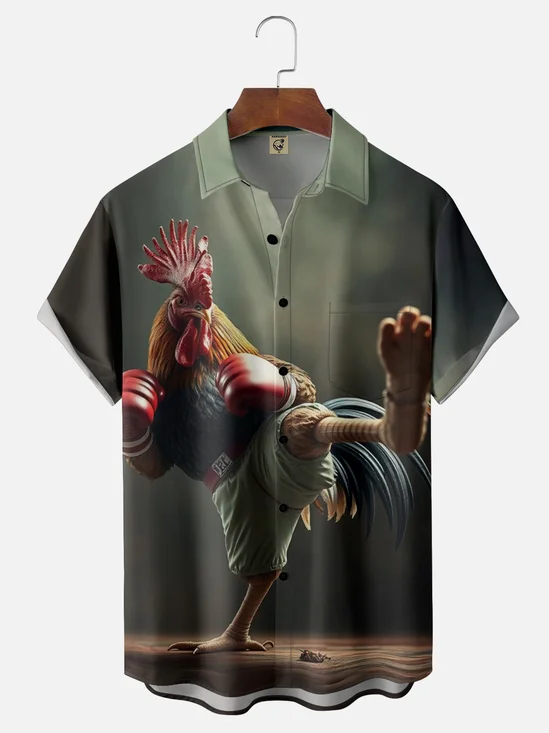 Moisture-wicking Fun Boxing Cock Kung Fu Chest Pocket Hawaiian Shirt