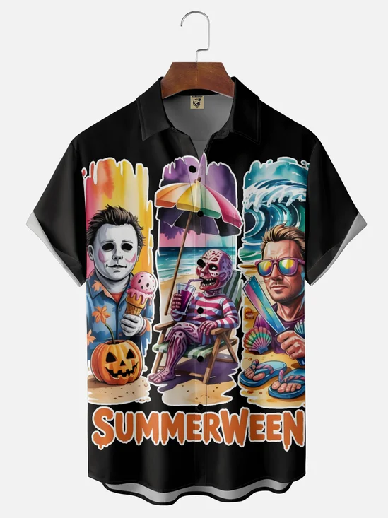 Moisture-Wicking Halloween Pumpkin Cartoon Character Chest Pocket Hawaiian Shirt