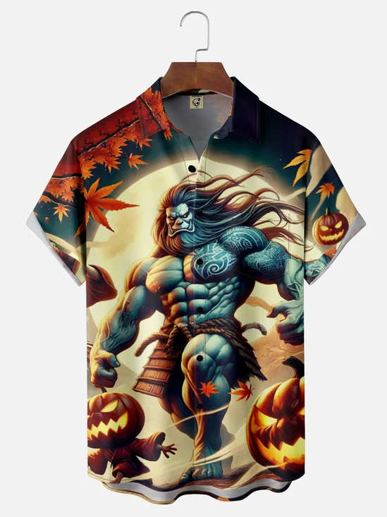 Moisture-Wicking Halloween Samurai Pumpkin Chest Pocket Hawaiian Shirt