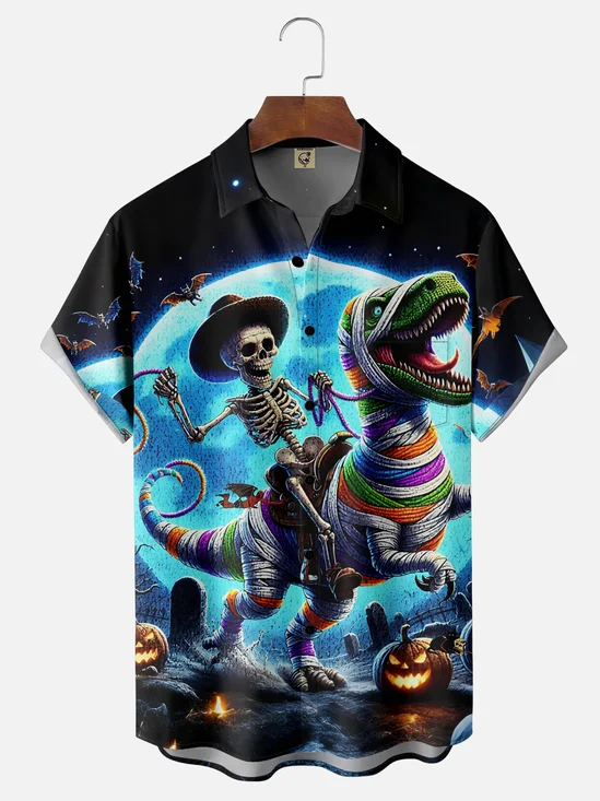 Moisture-Wicking Gradient Color Halloween Pumpkin Skeleton Riding A Dinosaur Chest Pocket Hawaiian Shirt