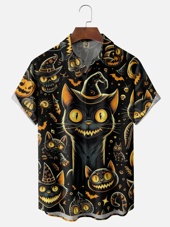 Moisture-wicking Halloween Black Cat Halloween Hat Chest Pocket Hawaiian Shirt