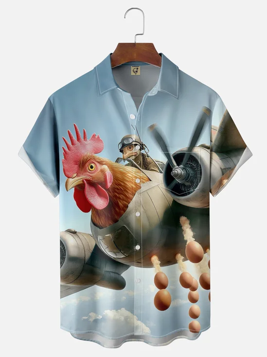 Moisture-wicking Rooster Fighter Plane Fun Chest Pocket Hawaiian Shirt