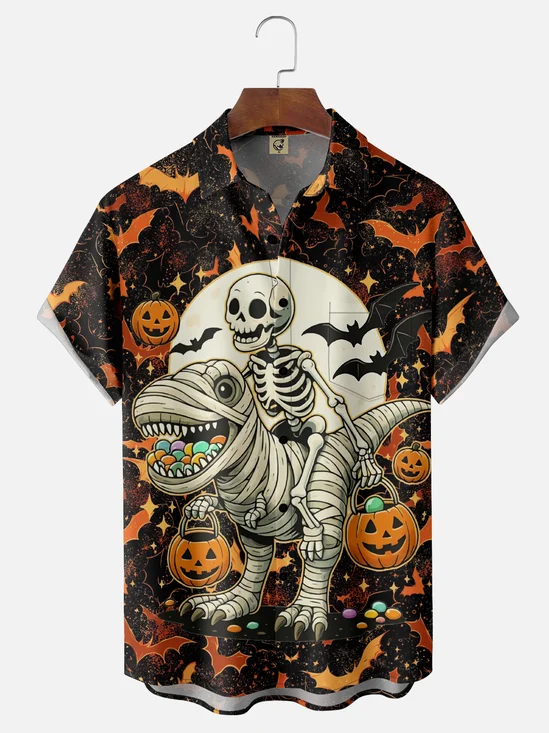 Moisture-Wicking Gradient Color Halloween Pumpkin Skeleton Dinosaur Bat Chest Pocket Hawaiian Shirt