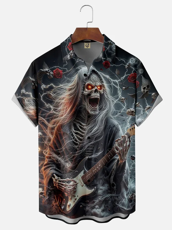 Moisture-Wicking Gradient Color Abstract Skull Playing Guitar Rose Chest Pocket Hawaiian Shirt