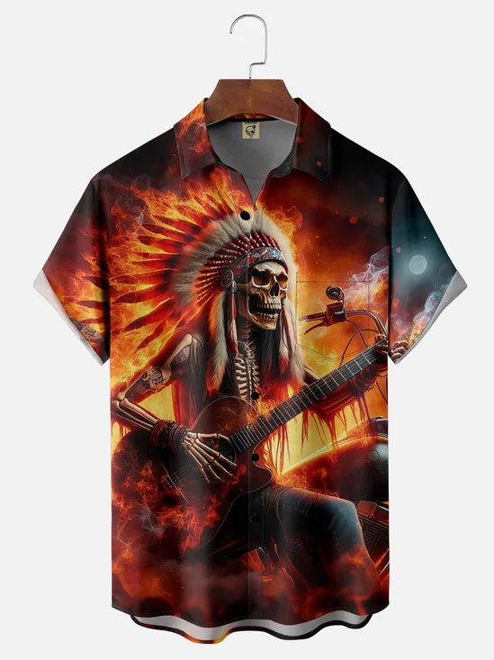 Moisture-Wicking Rock Skeleton Chief Guitar Gradient Flame Chest Pocket Hawaiian Shirt