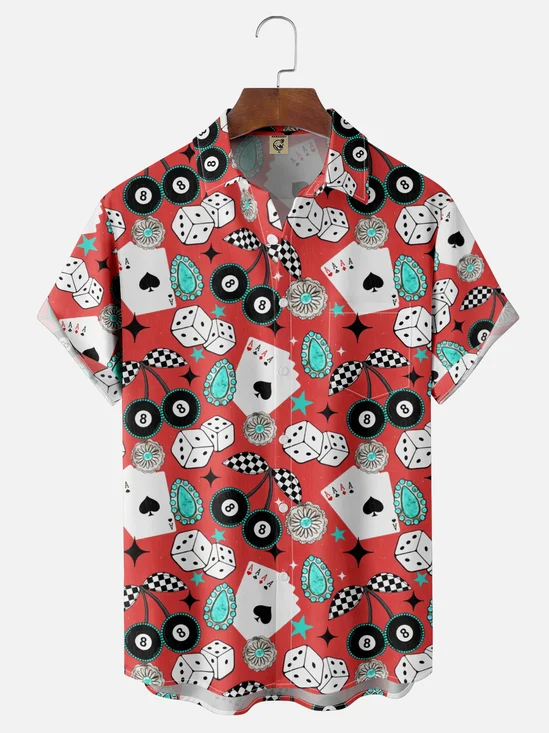 Moisture-wicking Billiards Cherries Dice Playing Cards Chest Pocket Hawaiian Shirt