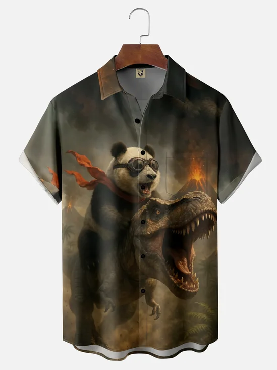 Moisture-wicking Panda Dinosaur Volcano Chest Pocket Casual Shirt