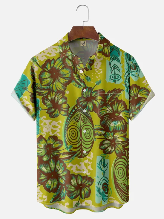 Moisture-wicking Tiki Flower Chest Pocket Hawaiian Shirt