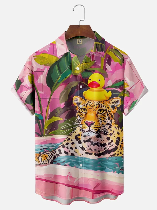 Moisture-wicking Leopard Yellow Duck Chest Pocket Hawaiian Shirt