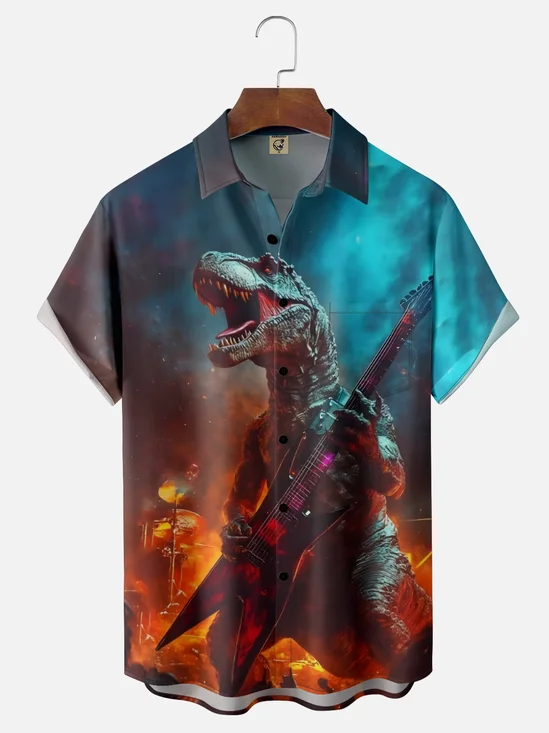Moisture-wicking Dinosaur Guitar Music Gradient Color Chest Pocket Casual Shirt