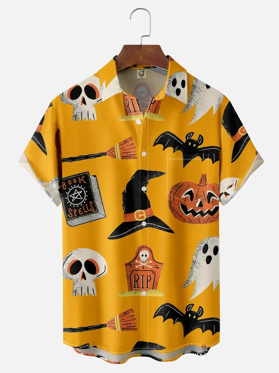 Moisture-Wicking Halloween Hat Pumpkin Skull Chest Pocket Hawaiian Shirt