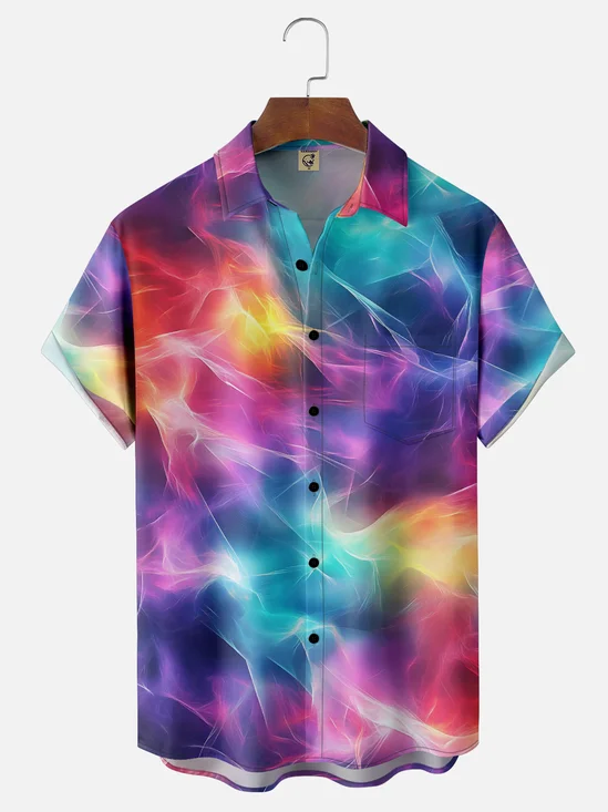 Moisture-Wicking 3D Abstract Gradient Stripes Chest Pocket Hawaiian Shirt