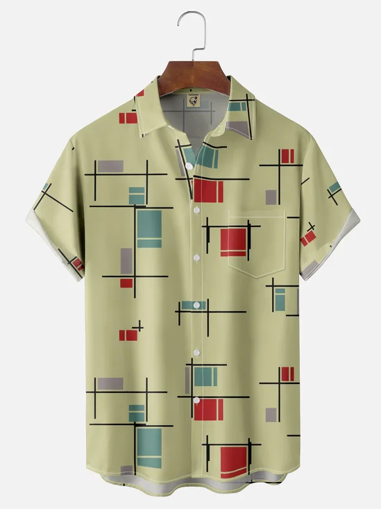 Moisture-Wicking Medieval Geometric Color-Blocked Chest Pocket Hawaiian Shirt