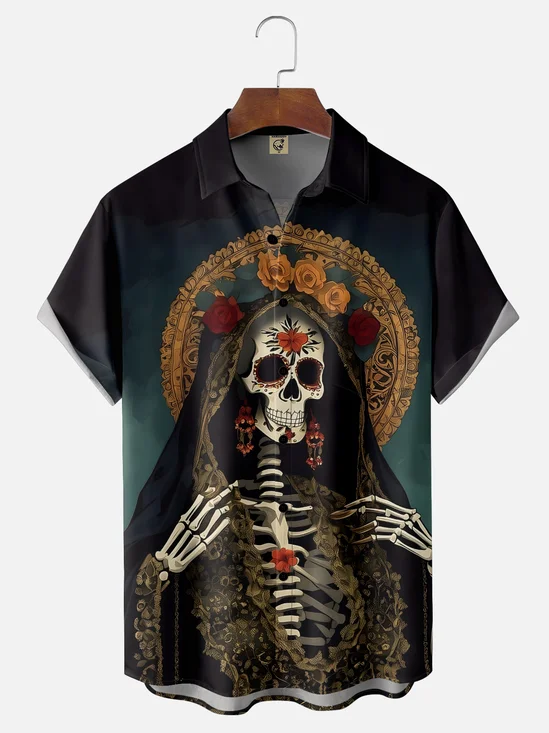 Moisture-wicking Day of the Dead Skull Chest Pocket Casual Shirt