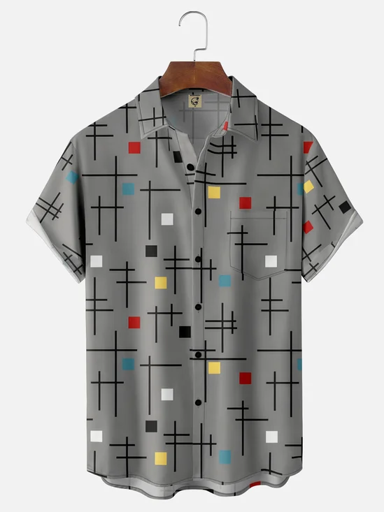 Moisture-Wicking Geometric Color-Blocked Chest Pocket Hawaiian Shirt