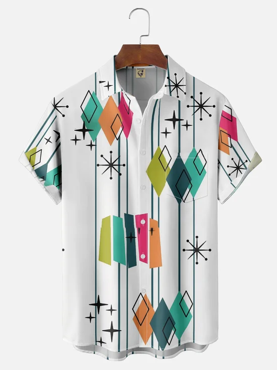 Moisture-Wicking Medieval Geometric Color-Blocked Chest Pocket Hawaiian Shirt