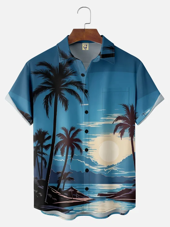 Big Size Moisture-wicking Coconut Tree Beach Chest Pocket Hawaiian Shirt