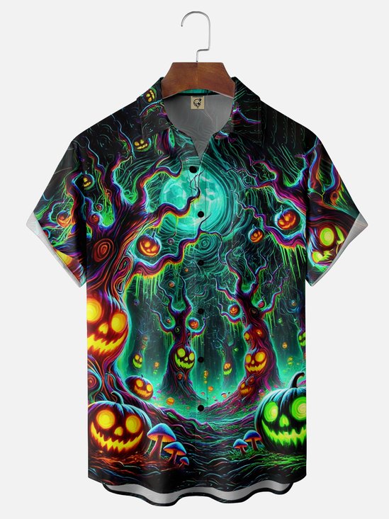 Moisture-wicking Halloween Pumpkin Evil Woods Art Chest Pocket Casual Shirt