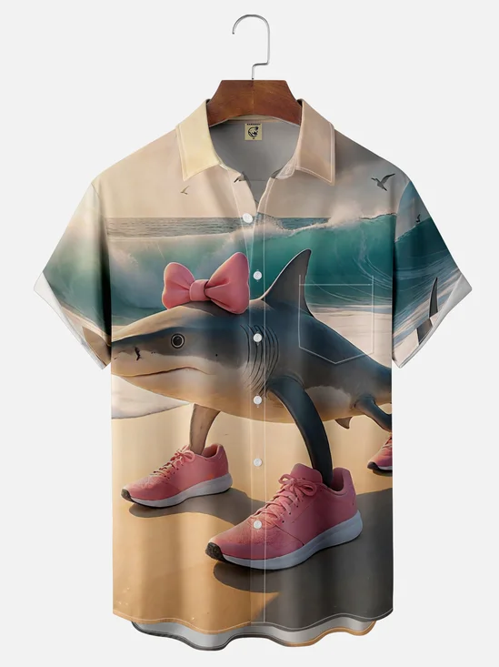 Moisture-wicking Fun "Tralalelo Tralala" Edgy Chest Pocket Hawaiian Shirt